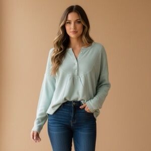 Perch by blu pepper NWT 1XL mint green waffle knit long sleeve top curved hem